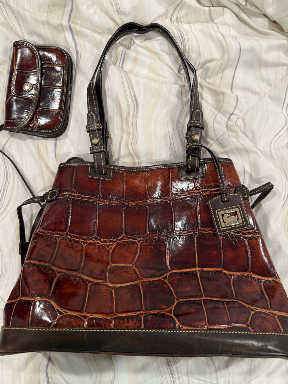 Dooney & Burke Vintage Brown Croc-Embossed Leather Tote Bag and coin purse